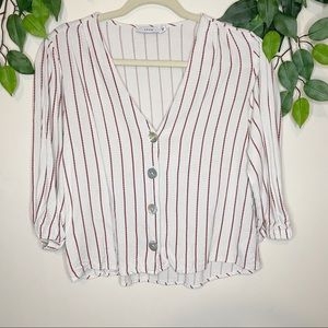 Lush Linen Blend Button Front Striped Puff 3/4 Sleeves Top Blouse Size Medium